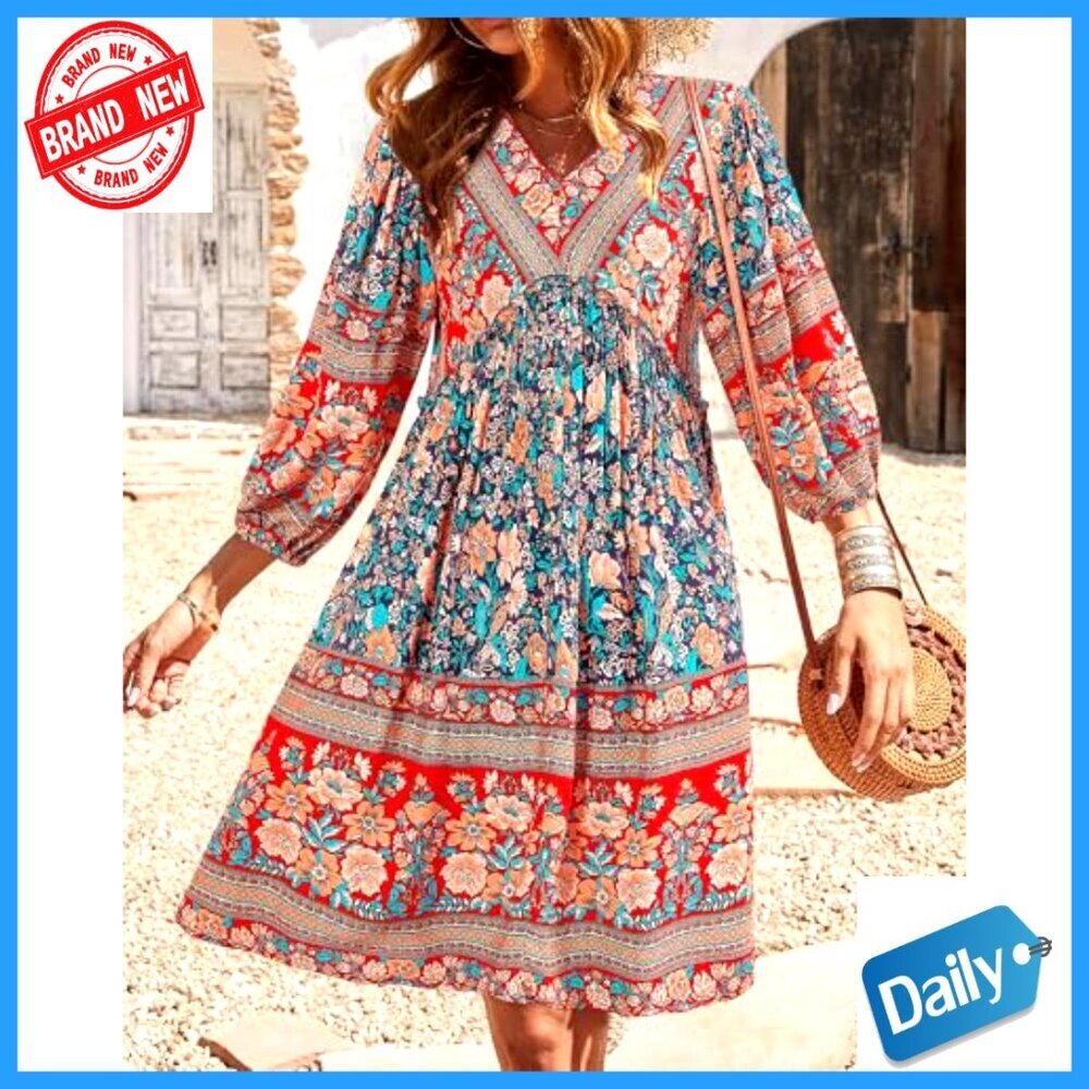 Floral Babydoll Mini Dress with V-Neck and 3/4 Sleeves - Picture 3 of 7
